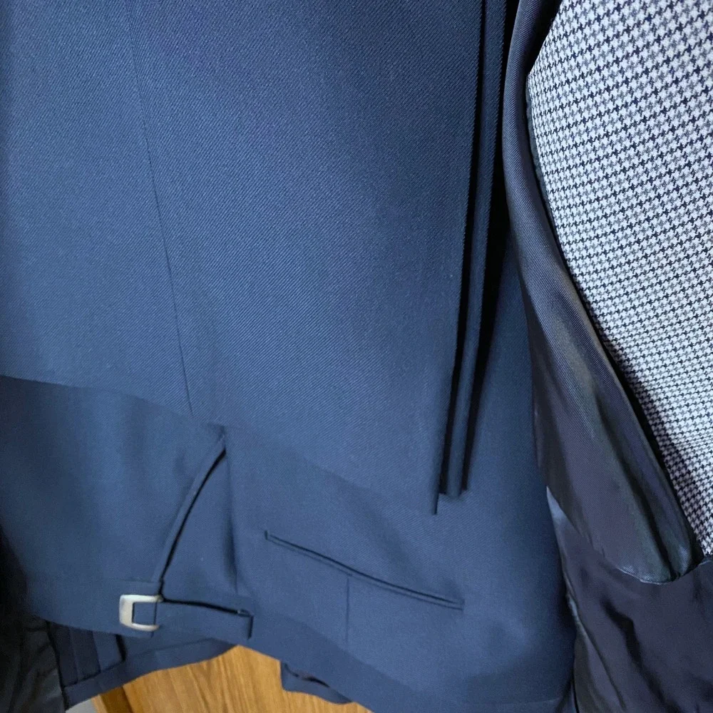 John Alexander 3 Piece Suit Men 46R Navy Blue Reversible Vest Houndstooth Blazer